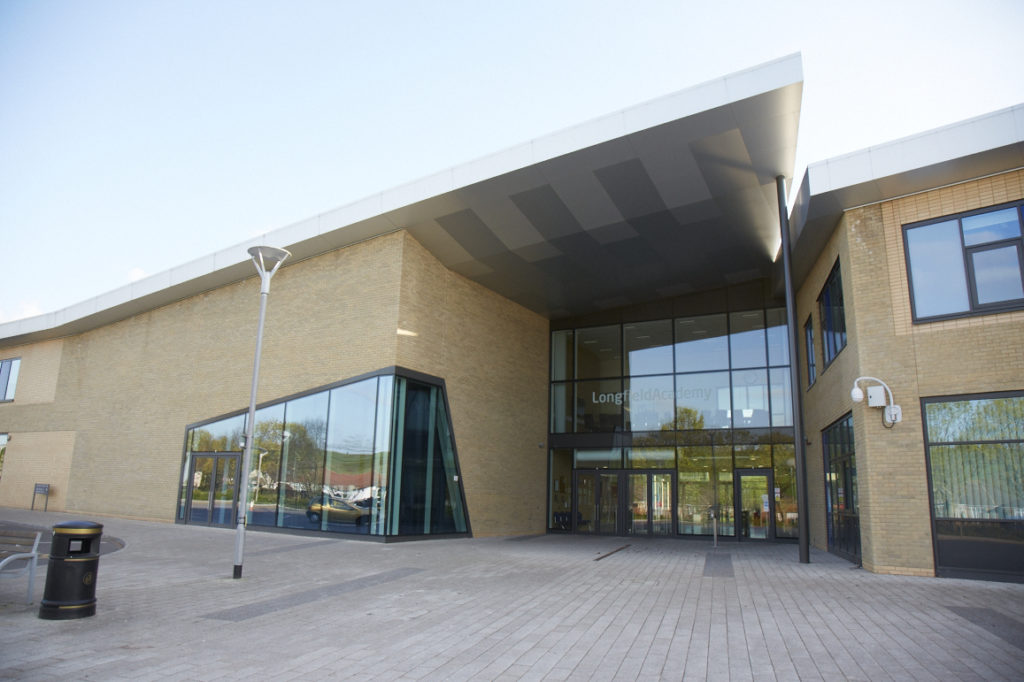Close up photo of the main entrance to the Longfield Academy building.