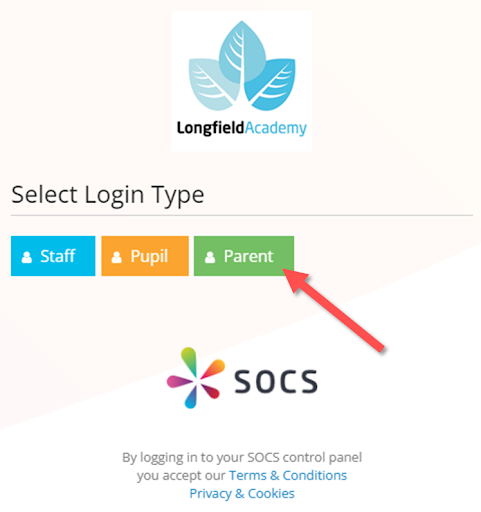 Landing page for logging into Longfield Academy's SOCS page.