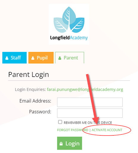 Parent login page for accessing Longfield Academy's SOCS page.