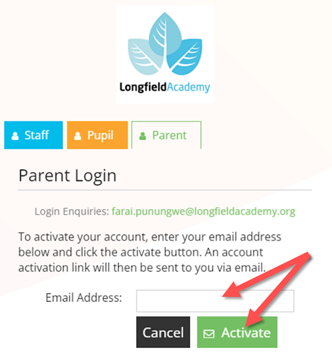 Account activation page for accessing Longfield Academy's SOCS page.