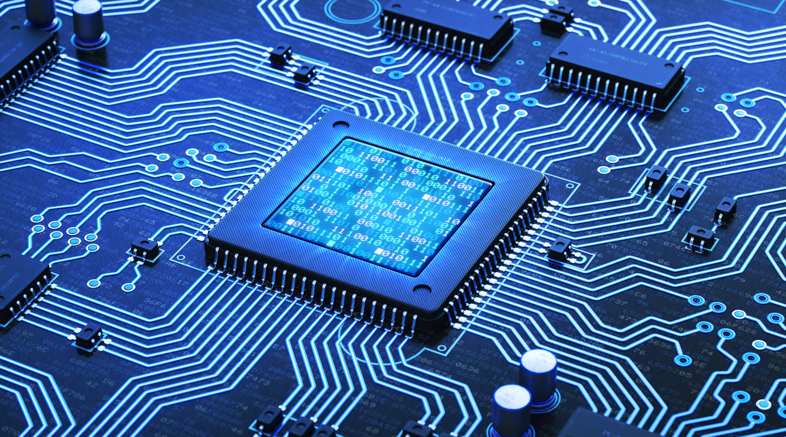 An abstract 3D render of a blue circuit board with many electrical components installed. The central microprocessor has an integrated LCD showing glowing binary code. Components are labelled with random serial numbers.