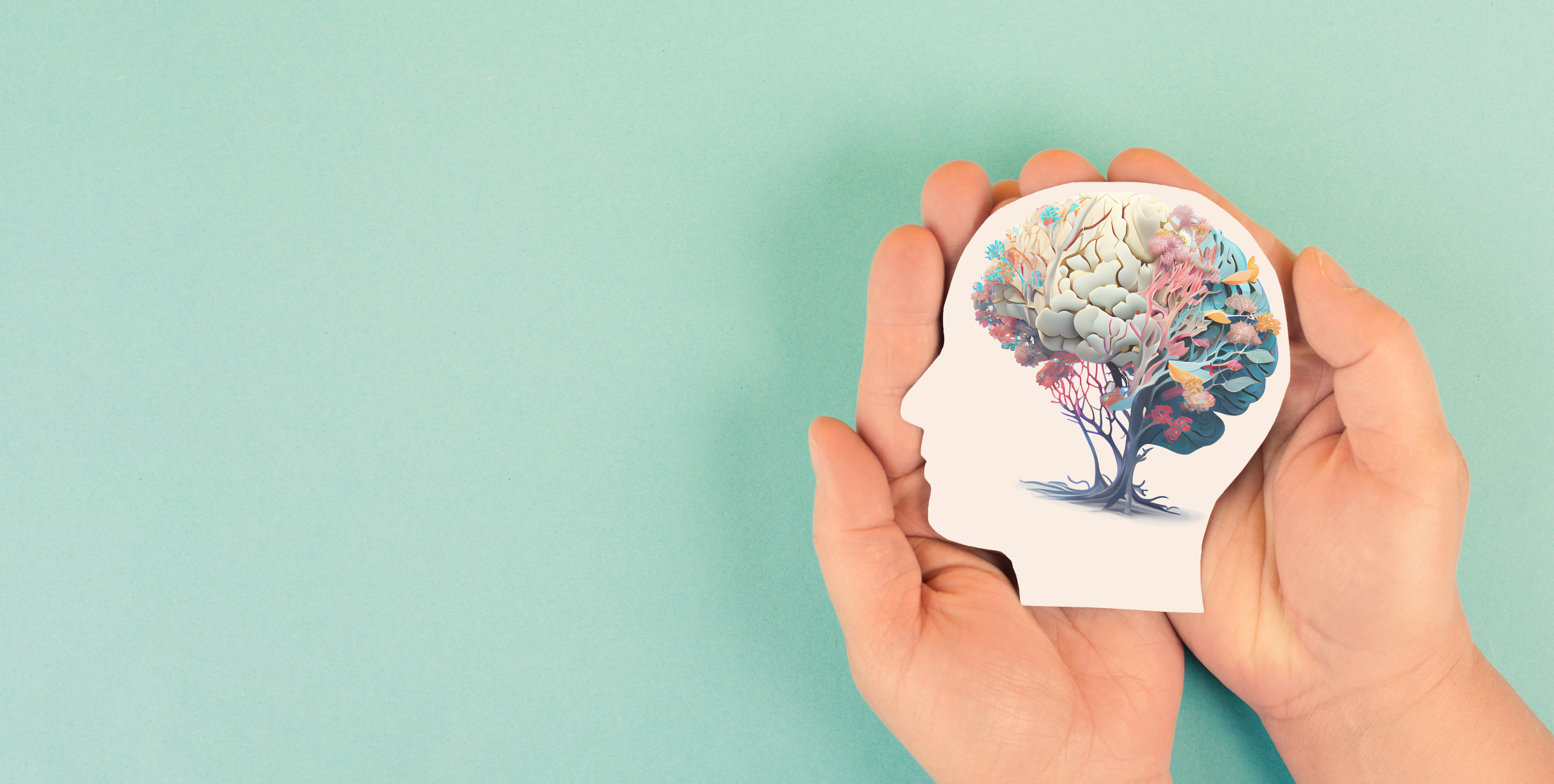 A pair of hands are seen holding a paper cutout of a human head with an illustration on it of a human brain as a tree.