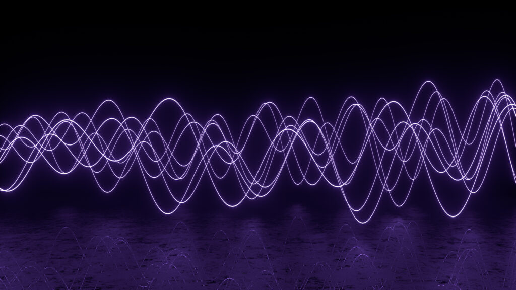 3D rendering of neon lights and wavy lines. Abstract dirty background.