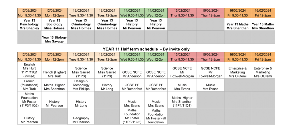 Half term intervention timetable