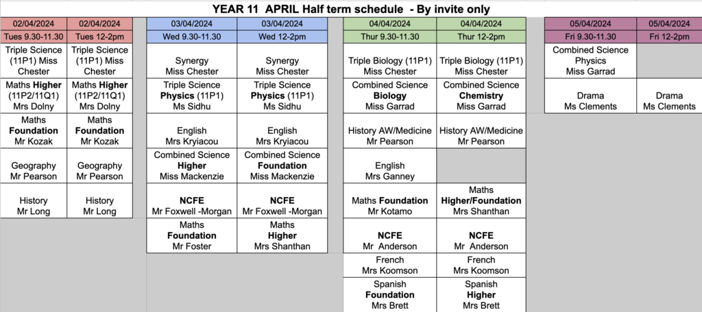 Year 11 Easter Intervention Schedule
